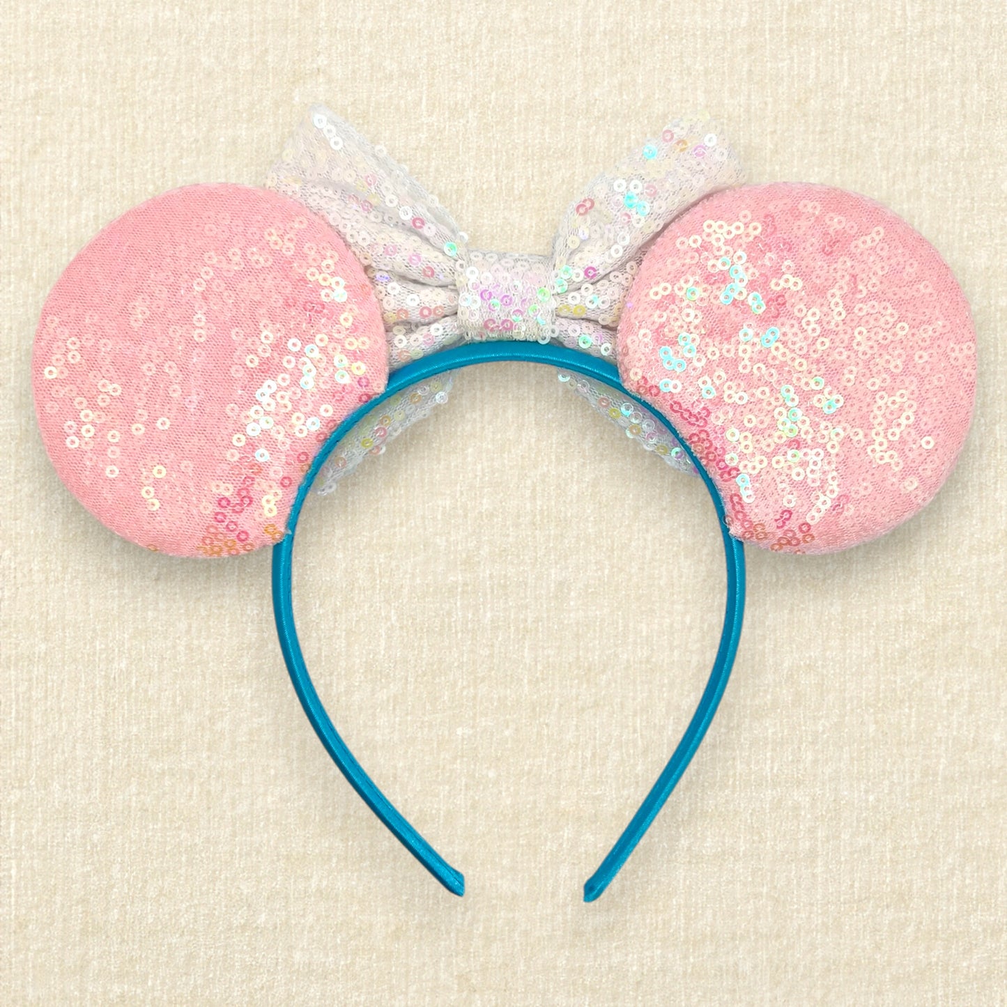 Pink mouse ears headband with glitter theme park snack details, iridescent white bow, and glitter "Best Day Ever!" text (back view)
