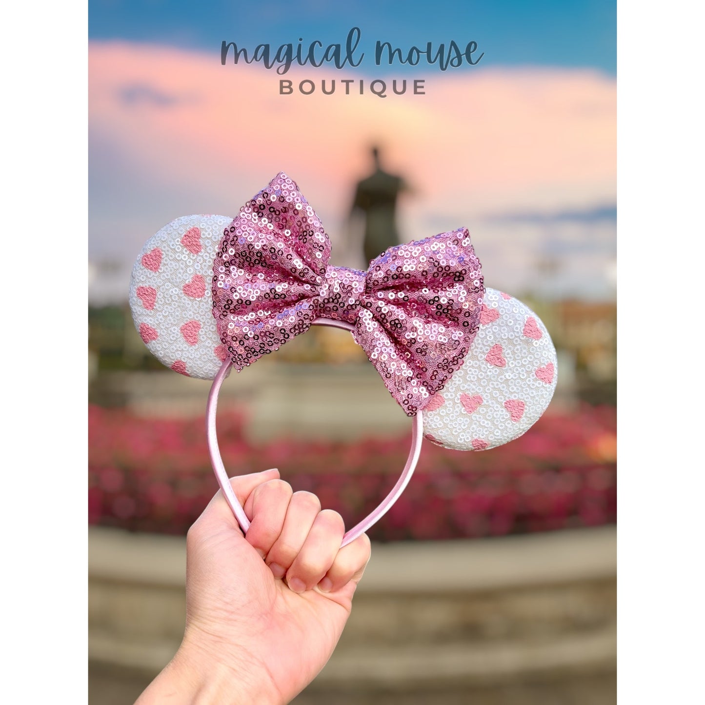 Valentine's Day - Pink Hearts Sequin Mouse Ears Headband - Theme Park
