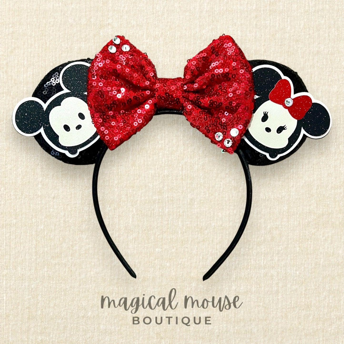 02 - Black & Red Stacked Mouse Couple Ears Headband