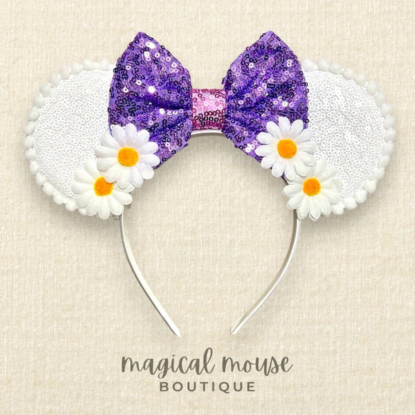 01 - White & Lavender Daisy Garden Mouse Ears Headband
