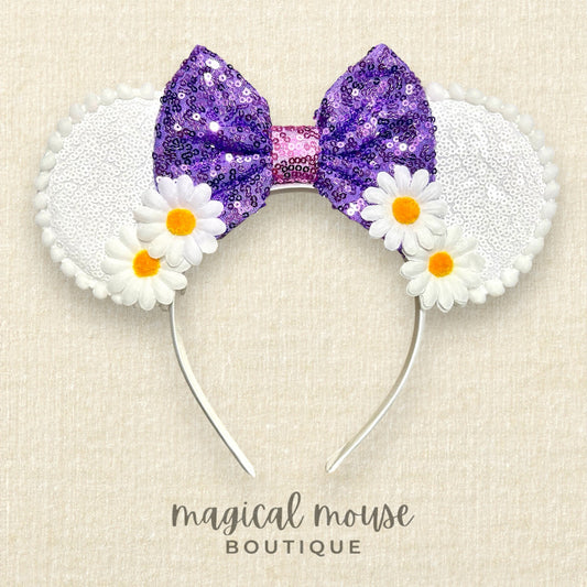 01 - White & Lavender Daisy Garden Mouse Ears Headband