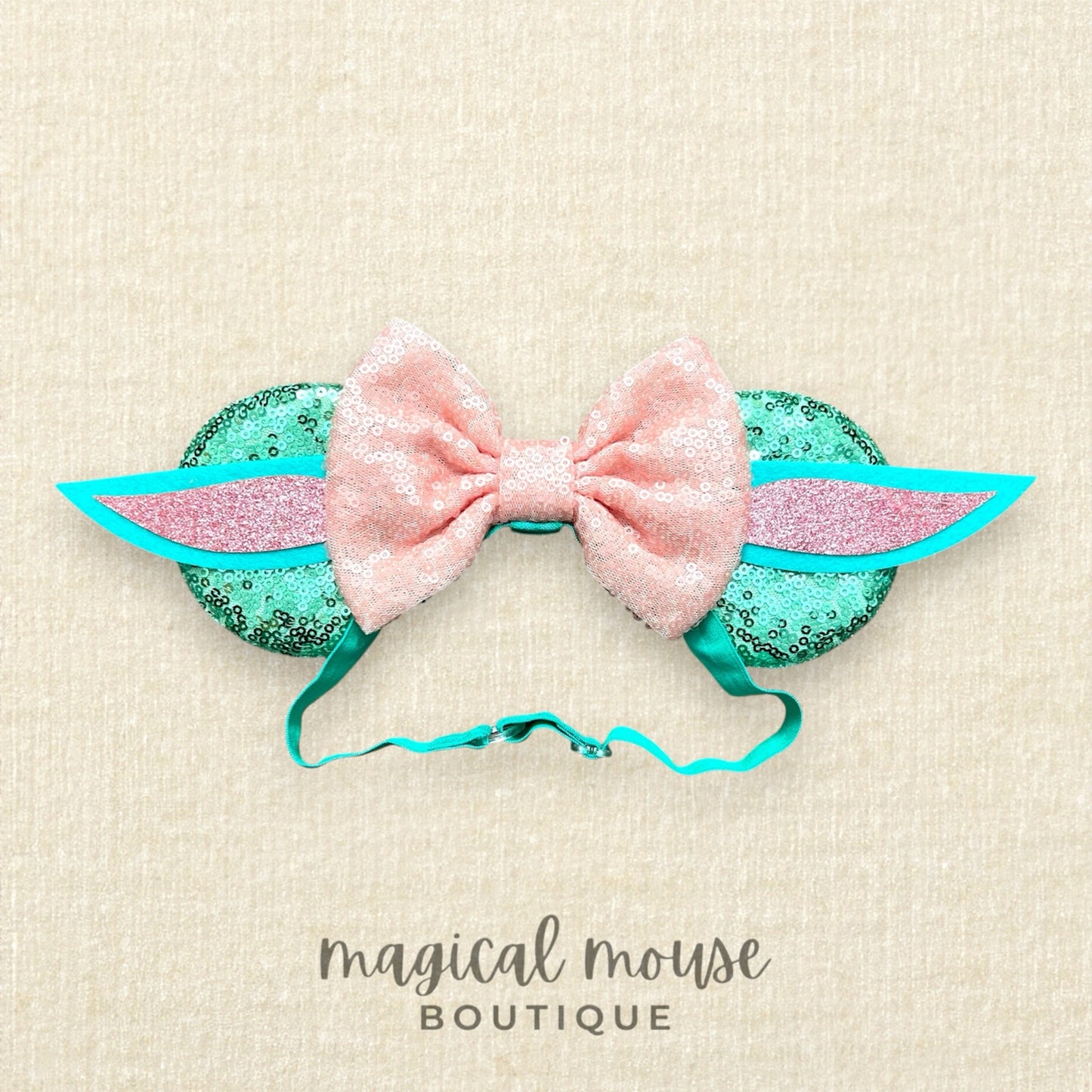 Mint green mouse ears with alien ears and peach bow