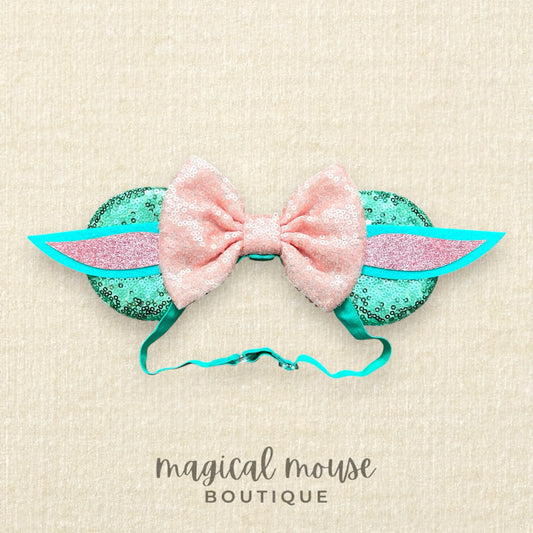 Mint green mouse ears with alien ears and peach bow