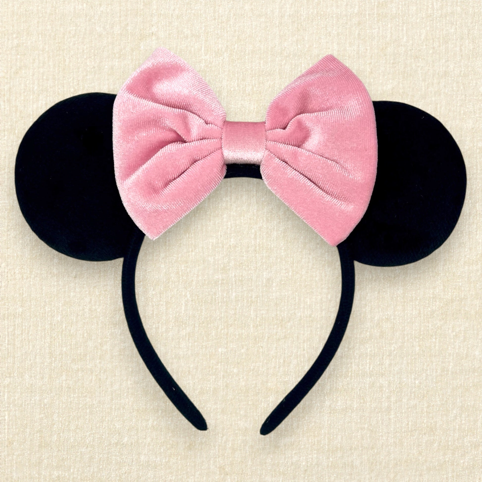 Black velvet mouse ears headband with pink velvet bow