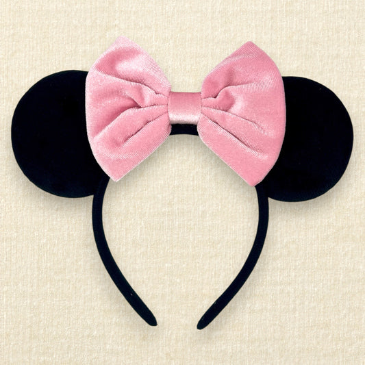 Black velvet mouse ears headband with pink velvet bow