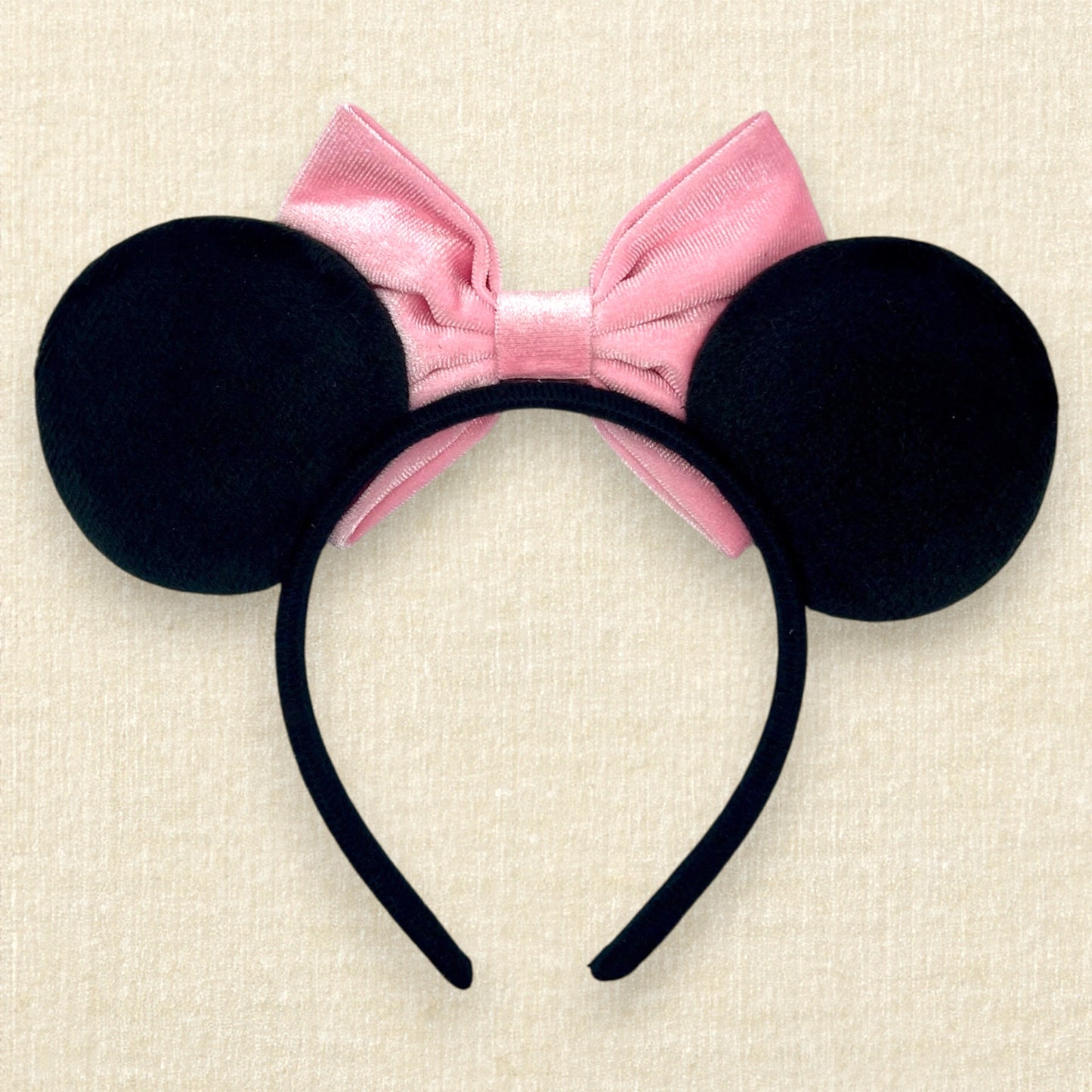 Black velvet mouse ears headband with pink velvet bow (back view)
