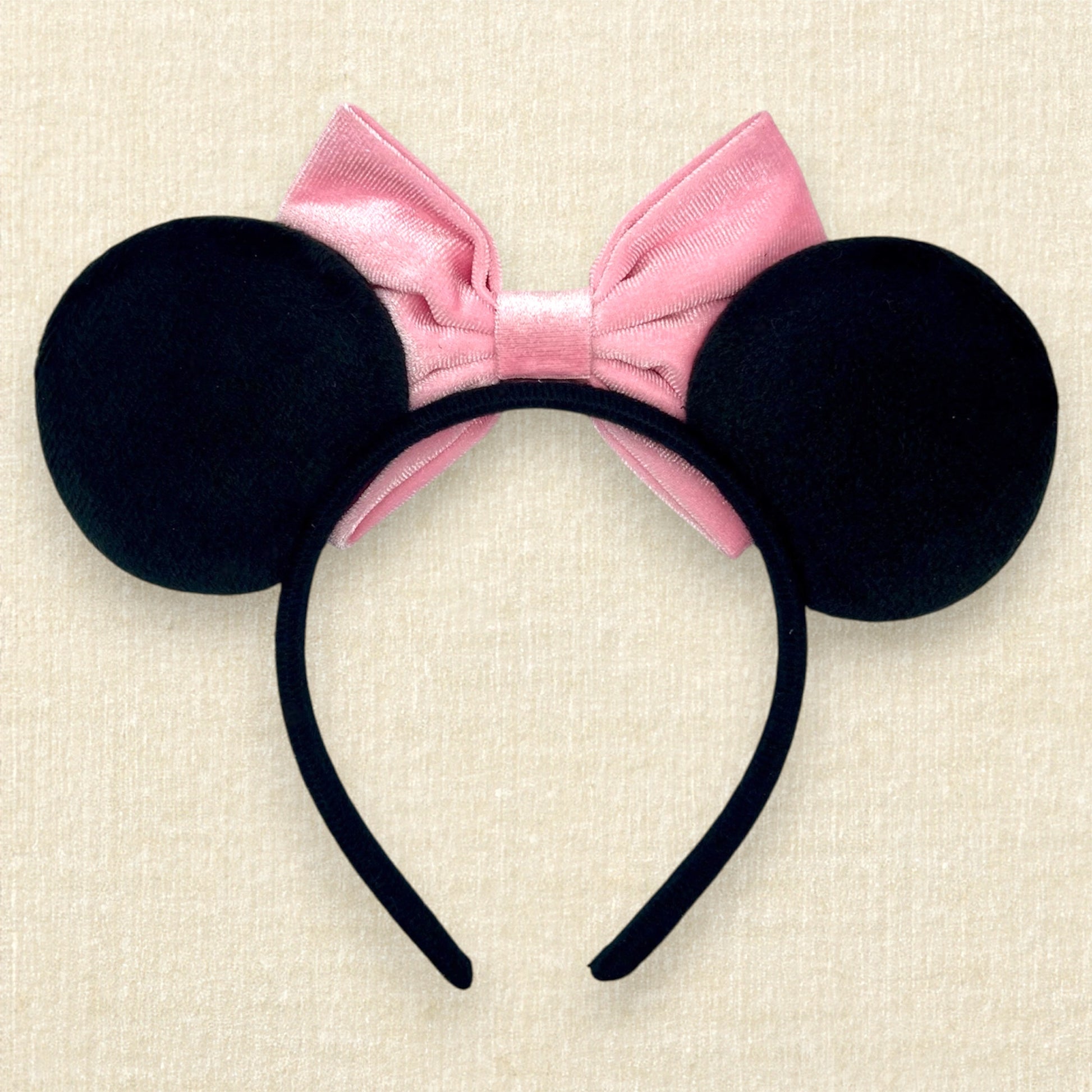 Black velvet mouse ears headband with pink velvet bow (back view)