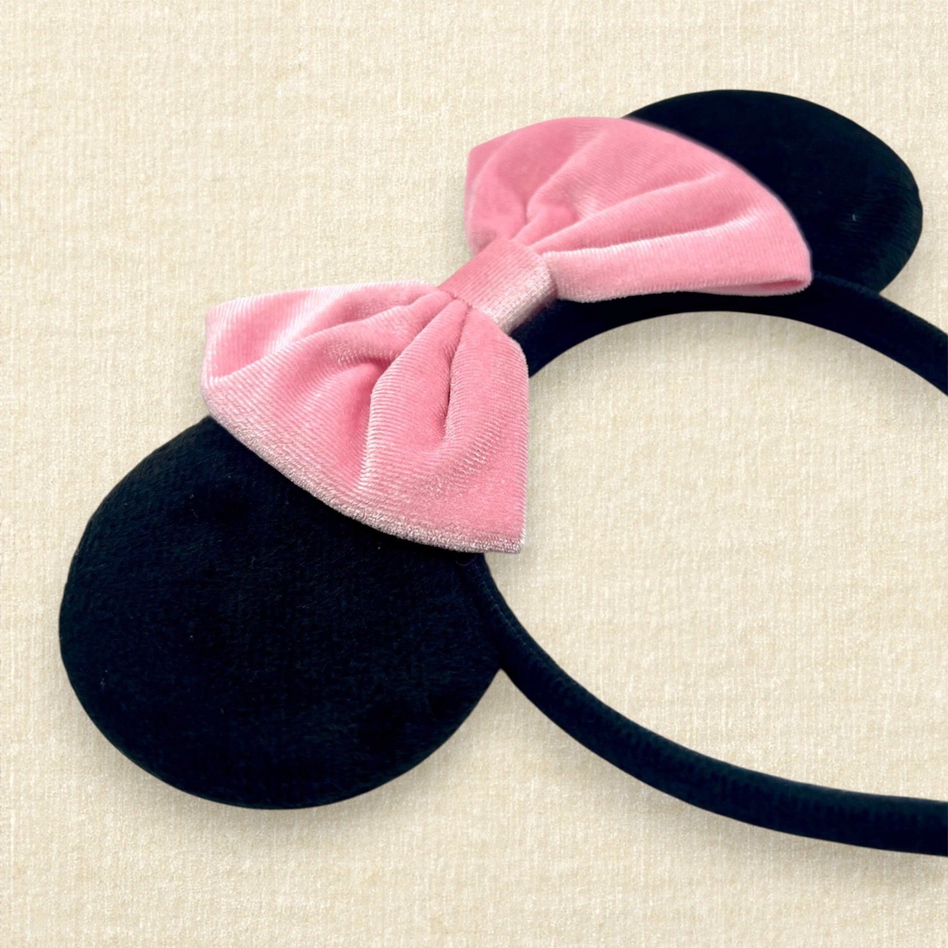 Black velvet mouse ears headband with pink velvet bow