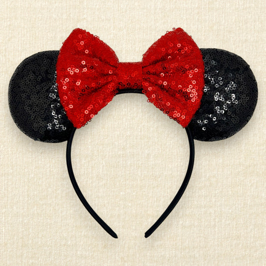 Black sequin mouse ears with red sequin bow