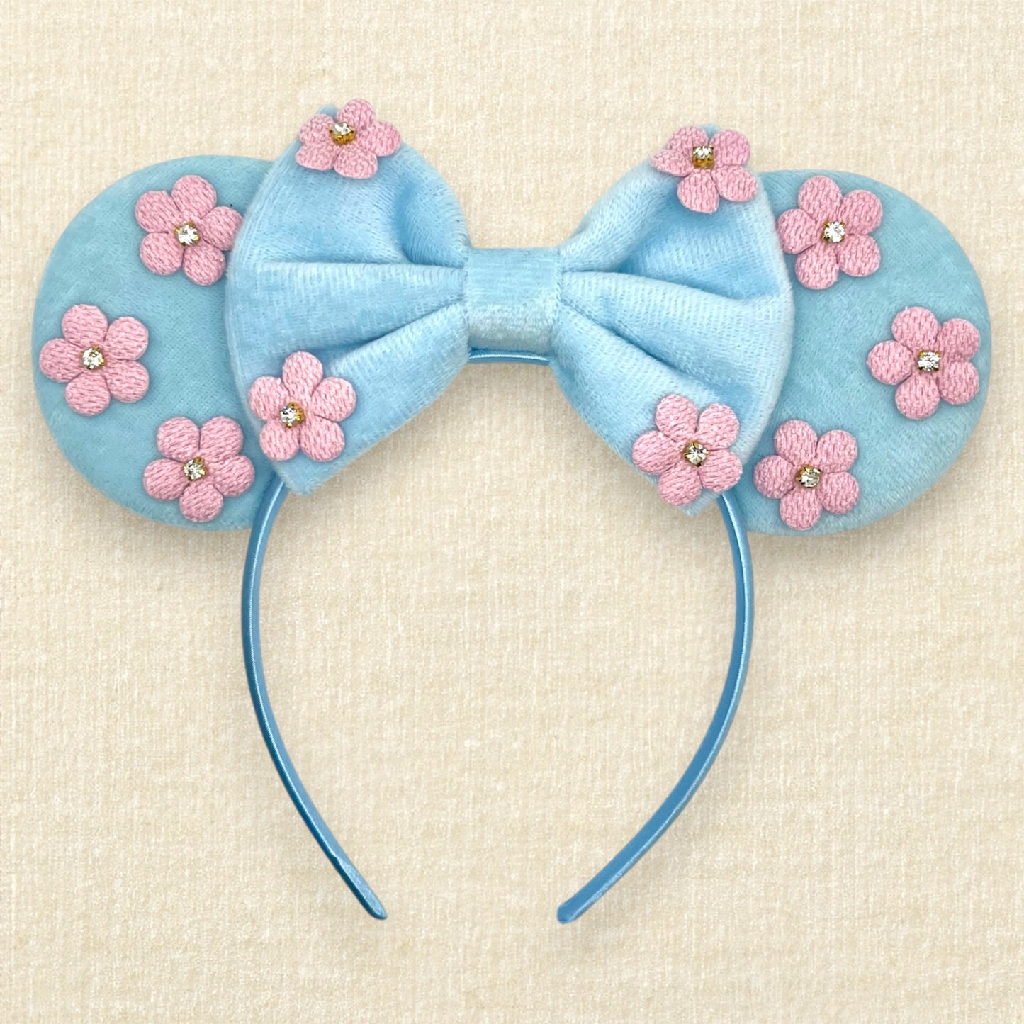 Blue velvet mouse ears and bow with pink fabric flowers