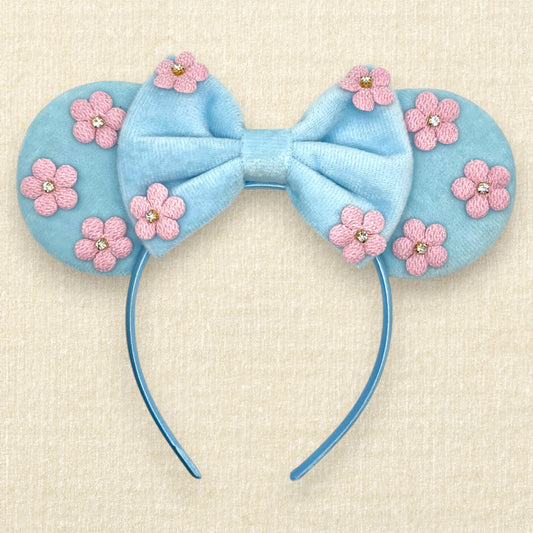 Blue velvet mouse ears and bow with pink fabric flowers