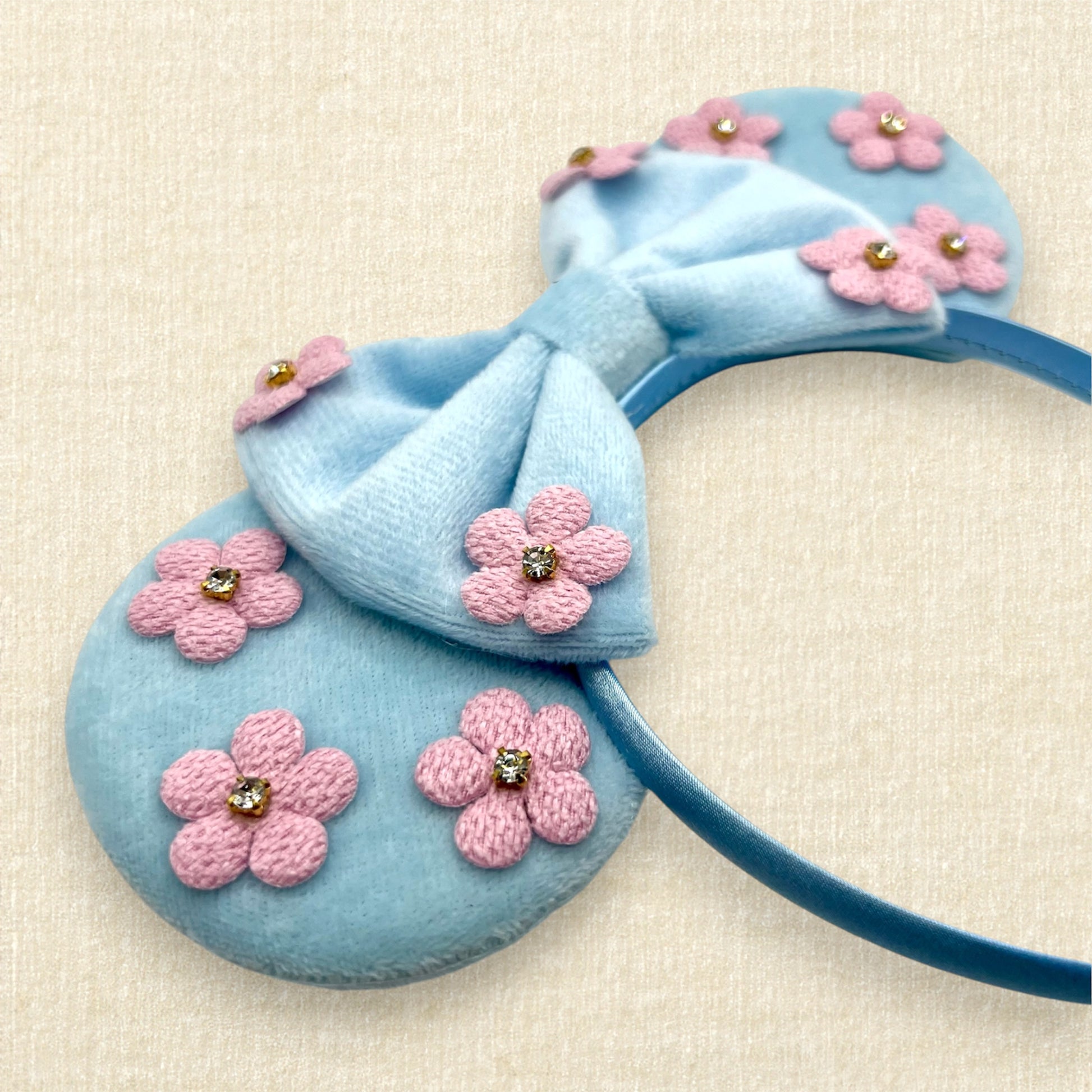 Blue velvet mouse ears and bow with pink fabric flowers