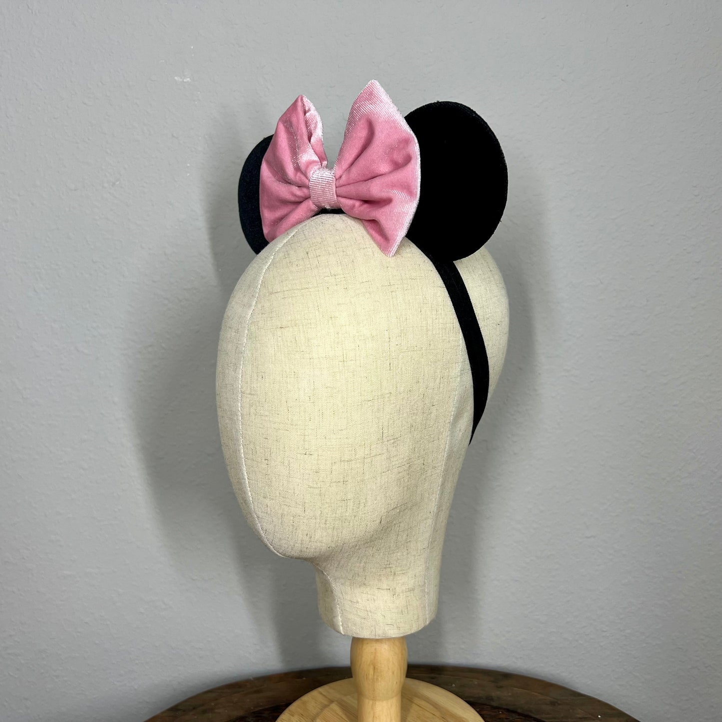 Classic - Black Velvet & Pink Bow Elastic Mouse Ears
