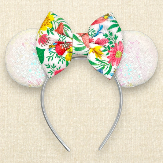 Iridescent white mouse ears headband with colorful floral fabric bow