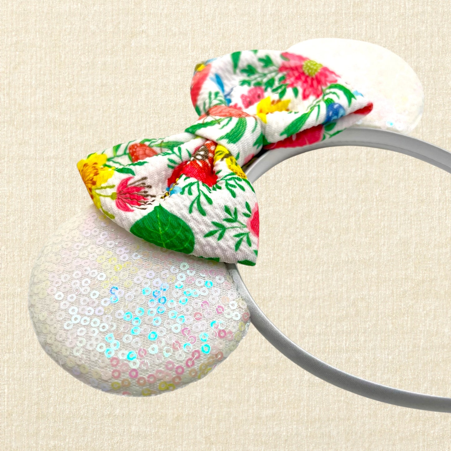 Iridescent white mouse ears headband with colorful floral fabric bow