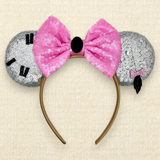 Gray sequin mouse ears headband with donkey-inspired silver glitter details and pink sequin bow