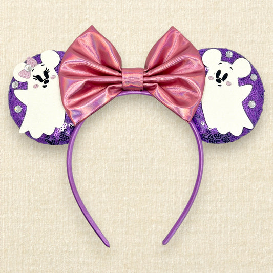 Purple sequin mouse ears with iridescent pink bow and Mickey and Minnie ghosts