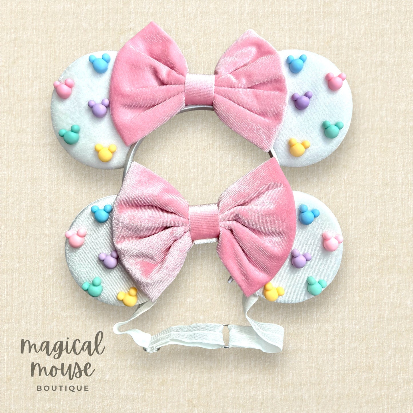 10 – Mommy & Me Mouse Ears Set – White Velvet Pastel Pearl