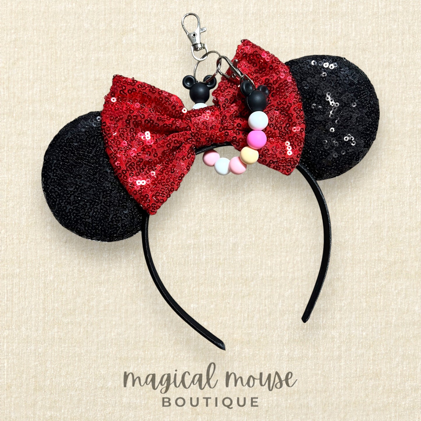 10 - Mouse Ears & Holder Set - Black Red + Signature Beaded Holder