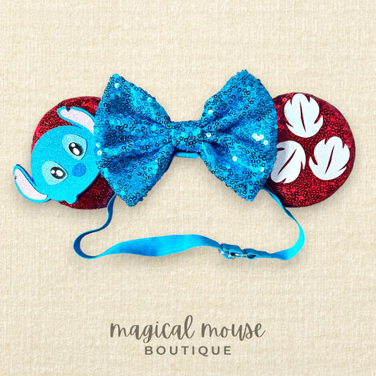 30 - Red Sequin Mini Blue Alien Mouse Ears (Elastic)