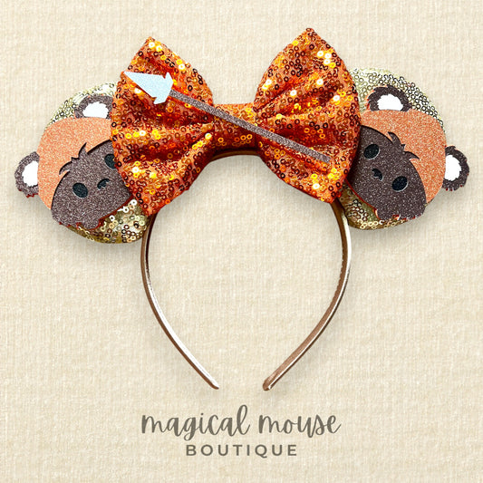 30 - Gold Sequin Mini Forest Warrior Mouse Ears - Orange Bow