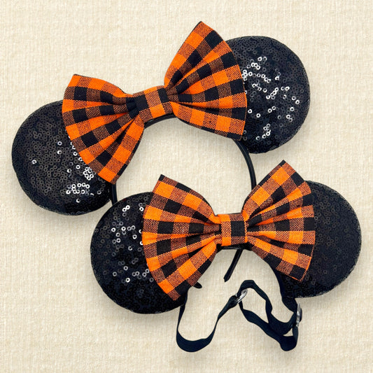 Matching mouse ears with black sequin ears and orange and black buffalo plaid bow