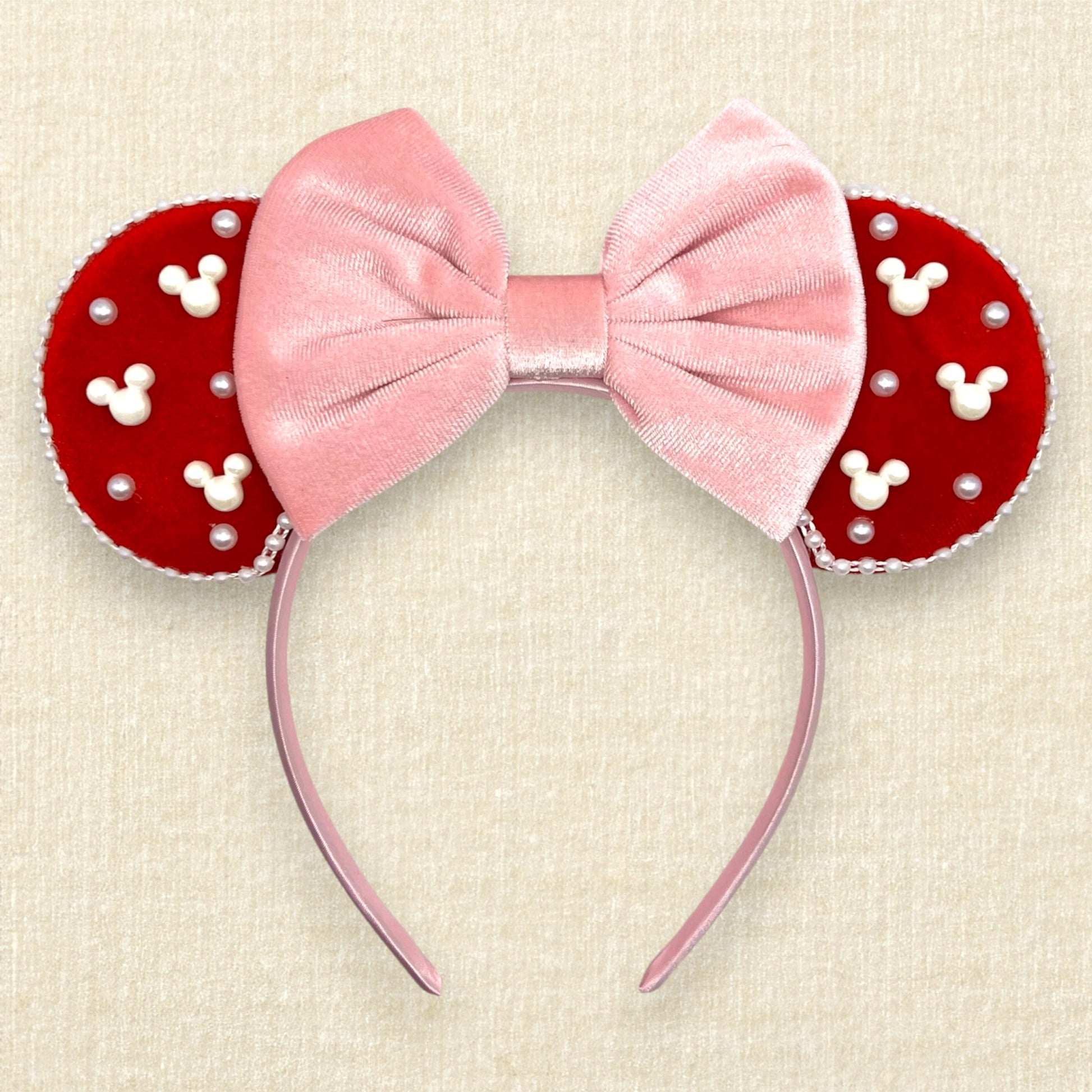 Red velvet mouse ears with mouse and round pearls and pearl trim, with pink velvet bow