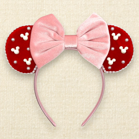 Red velvet mouse ears with mouse and round pearls and pearl trim, with pink velvet bow