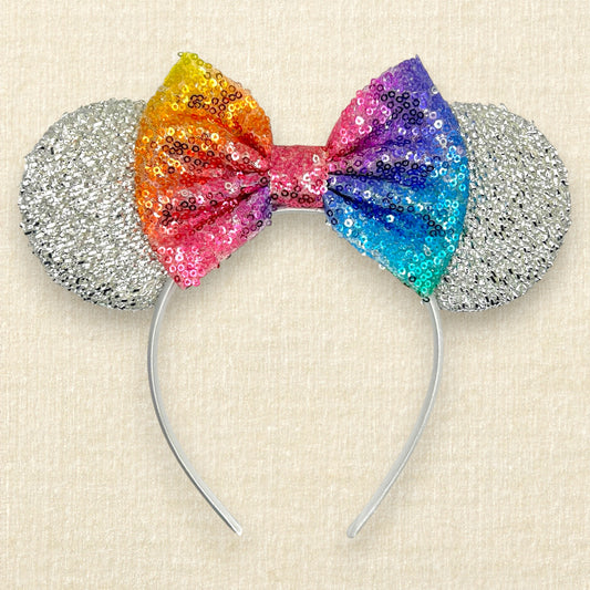 Silver mouse ears headband with rainbow sequin bow