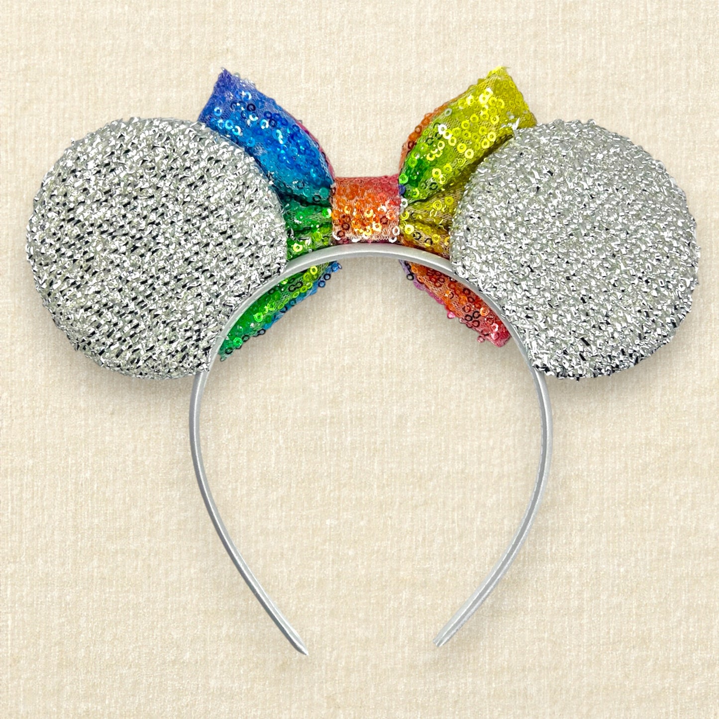 Silver mouse ears headband with rainbow sequin bow (back view)