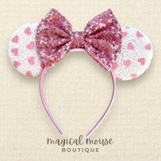 Valentine's Day - Pink Hearts Sequin Mouse Ears Headband
